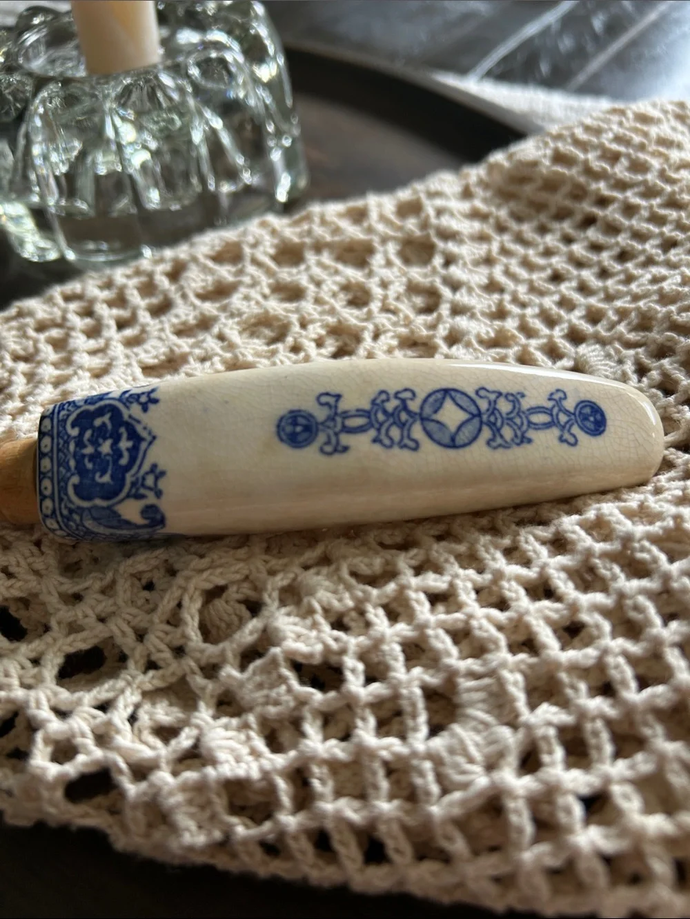 Vintage Dutch Blue Delft Wooden Serving Fork with Ceramic Handle